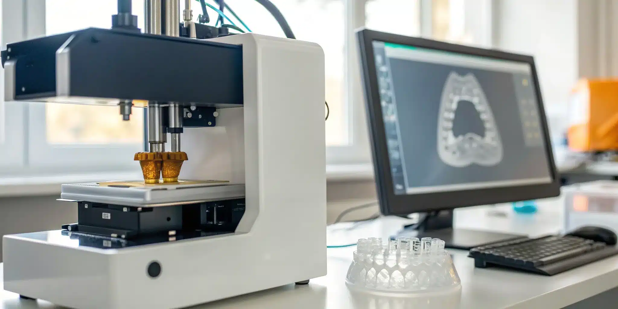 Computer-aided design of dentures on a screen next to a 3D printer.