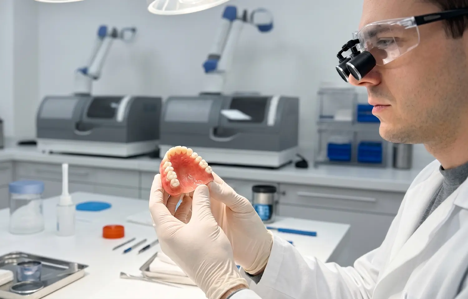 Dentist holding denture. avadent dentures.