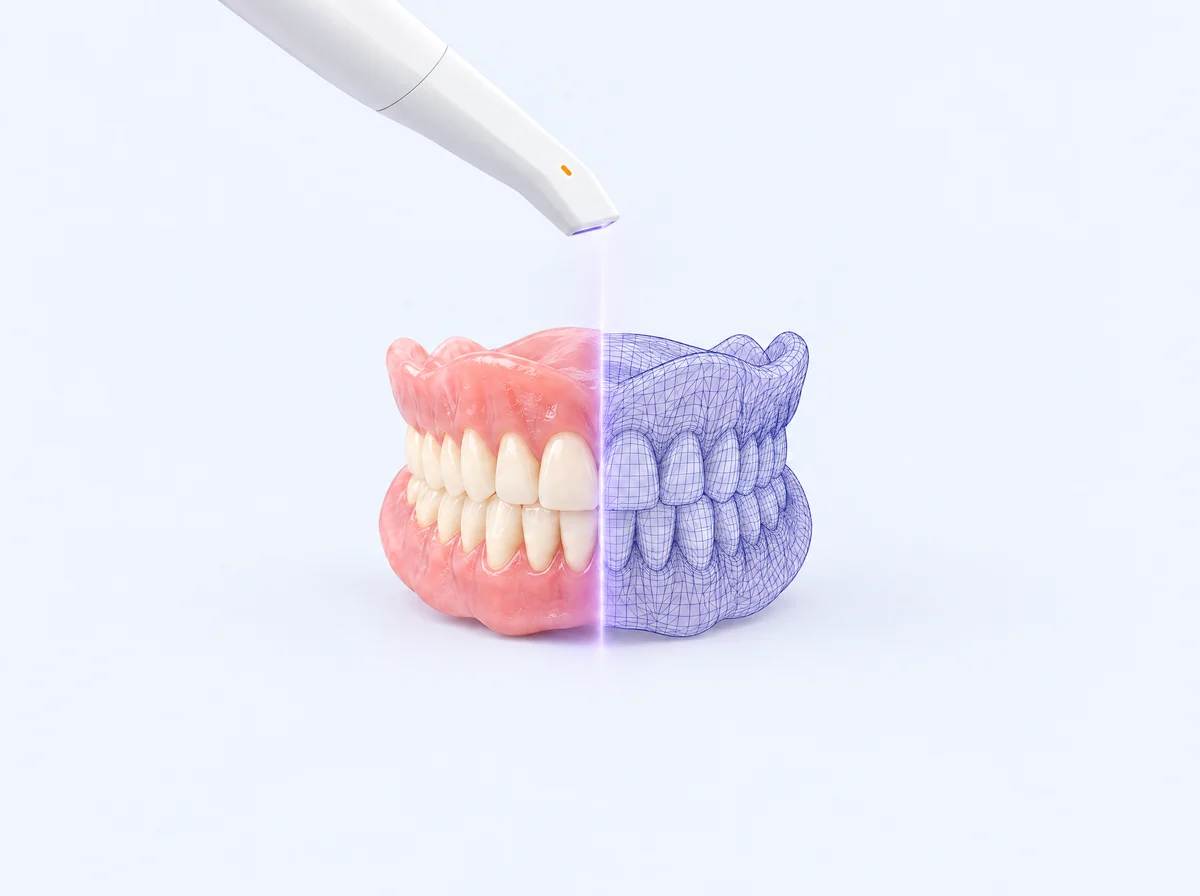 Intraoral scanner scanning a complete denture, half shown as a digital 3D scan mesh