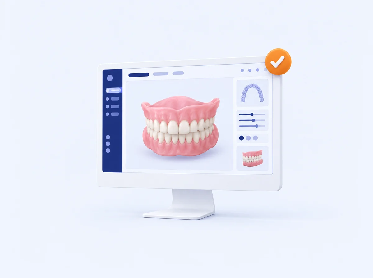 Monitor displaying a digital denture design with an approval checkmark