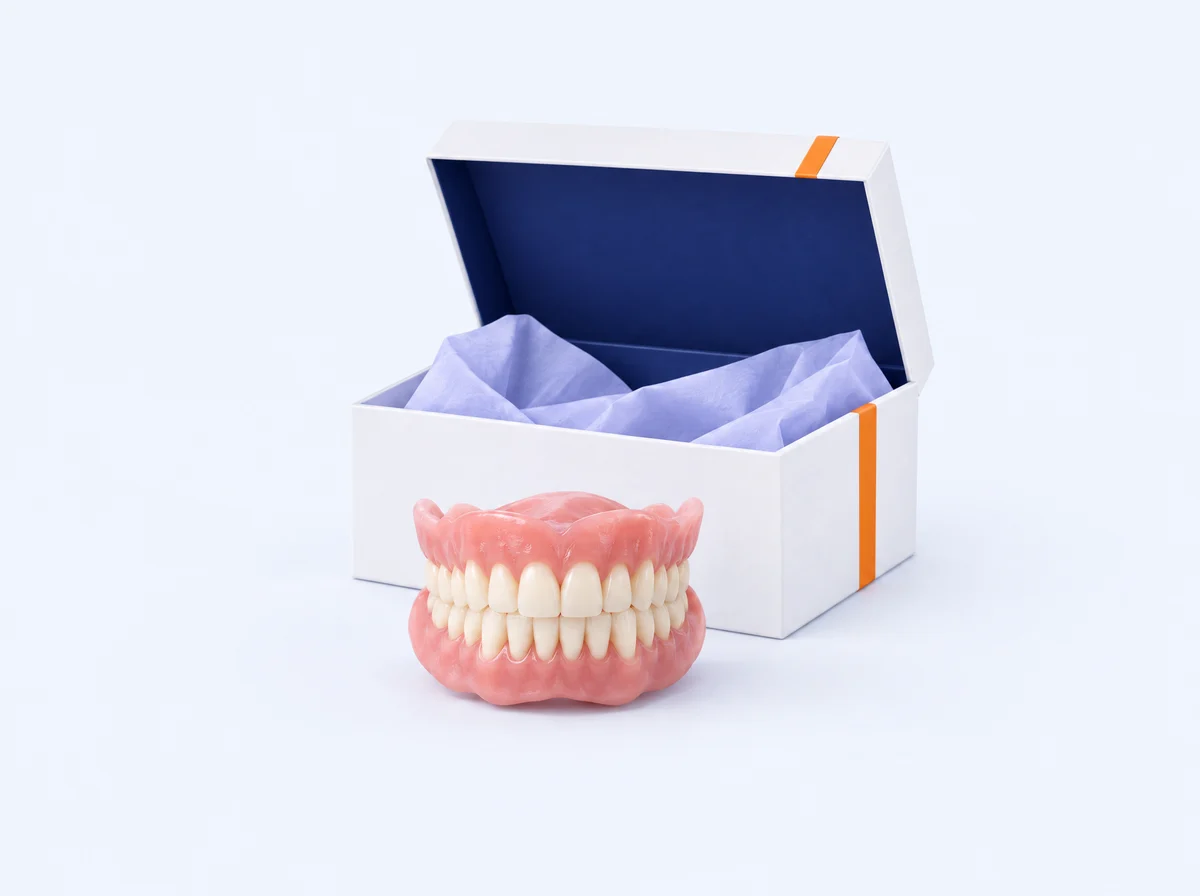 Finished AvaDent complete denture in front of its open shipping box