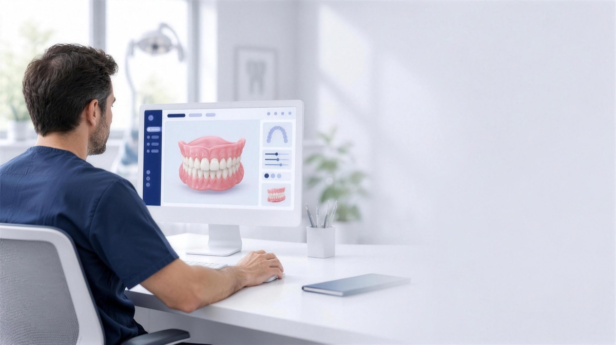 Dentist reviewing an AvaDent digital denture design on a monitor in a bright dental office