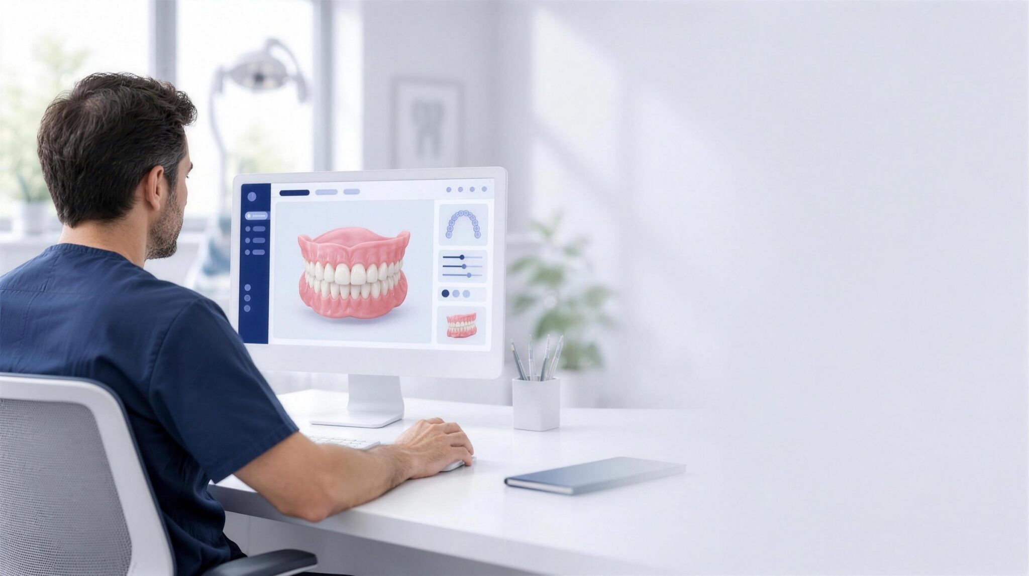 Dentist reviewing an AvaDent digital denture design on a monitor in a bright dental office